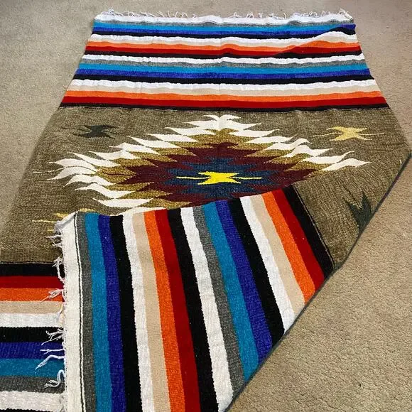 VTG Handmade Blanket Rainbow Woven Blanket Striped Aztec Native American 45x79 - Picture 4 of 7